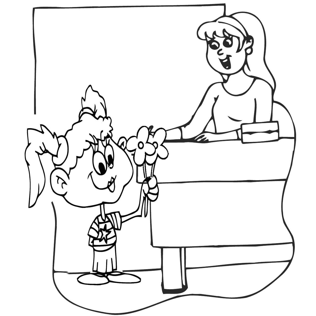 Online coloring book: Coloring page first grader with flowers for the teacher